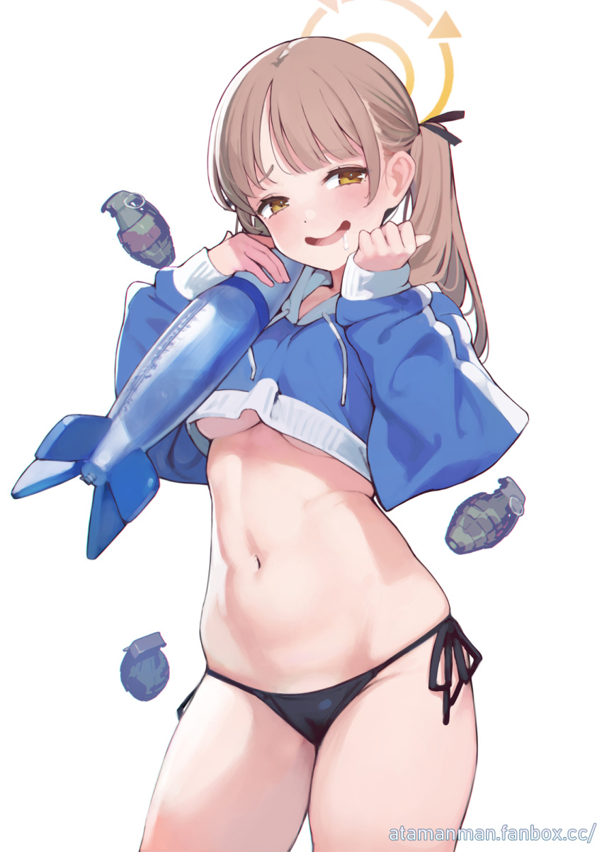 :d ataruman bikini black_bikini blue_archive blush breasts brown_eyes brown_hair drooling explosive female grenade halo highres jacket moe_(blue_archive) moe_(swimsuit)_(blue_archive) navel simple_background sleeves_past_wrists smile solo swimsuit torpedo twintails underboob white_background