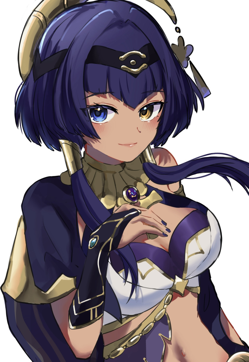 blue_eyes blue_hair breasts candace_(genshin_impact) egyptian_clothes eye_of_horus female fingerless_gloves genshin_impact gloves heterochromia highres jewelry leon0630claude navel short_hair short_hair_with_long_locks yellow_eyes