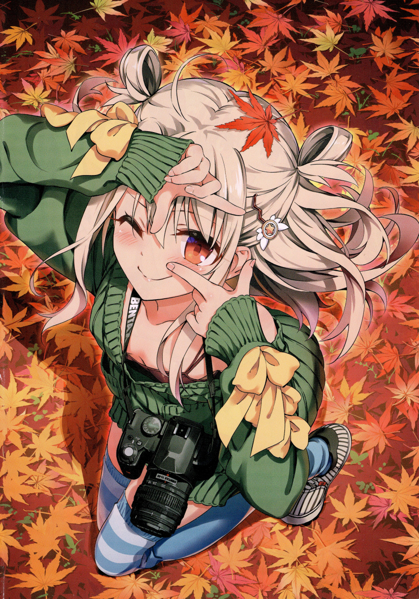 absurdres autumn autumn_leaves black_camisole blush breasts camera camera_around_neck camisole downblouse dress fate/kaleid_liner_prisma_illya fate_(series) female finger_frame_over_eye from_above full_body green_sweater grey_hair hair_ornament hair_rings highres hiroyama_hiroshi illyasviel_von_einzbern leaf leaf_on_head long_hair looking_at_viewer maple_leaf non-web_source official_art one_eye_closed red_eyes ribbed_sweater scan shoes small_breasts smile sneakers solo striped_clothes striped_thighhighs sweater sweater_dress thighhighs