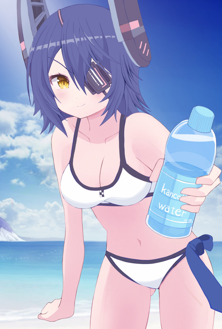 absurdres beach bikini blue_eyes blue_sky bottle breasts cleavage cloud commission day eyepatch headgear highres horizon kantai_collection looking_at_viewer medium_breasts mikoko1 navel necktie ocean official_alternate_costume outdoors plastic_bottle short_hair skeb_commission sky swimsuit tenryuu_(kancolle) tenryuu_(swimsuit_mode)_(kancolle) unworn_necktie water_bottle white_bikini yellow_eyes