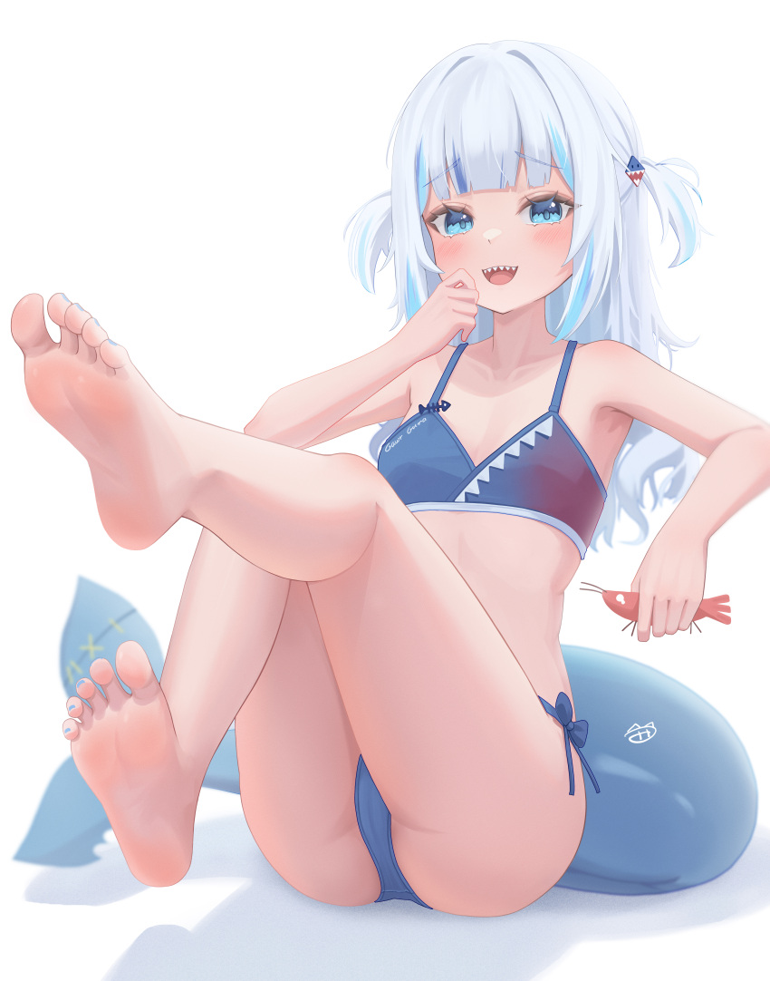 absurdres bare_arms bare_legs barefoot bikini blue_eyes blue_hair blue_nails breasts ebi-chan_(gawr_gura) feet female fins fish_tail flat_chest fpvjoe full_body gawr_gura highres holding hololive hololive_english looking_at_viewer multicolored_hair nail_polish open_mouth shark_tail sharp_teeth simple_background smile soles solo stomach streaked_hair swimsuit tail teeth thighs toes unfinished virtual_youtuber white_background