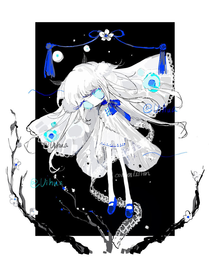 absurdres arthropod_girl blue_eyes blue_footwear blue_ribbon chinese_commentary colored_skin commentary_request commission deformed dress female flower full_body highres insect_wings mary_janes moth_antennae moth_girl moth_wings neck_ribbon no_mouth no_nose original ribbon shoes solo tassel vihua6 watermark white_dress white_flower white_skin wings