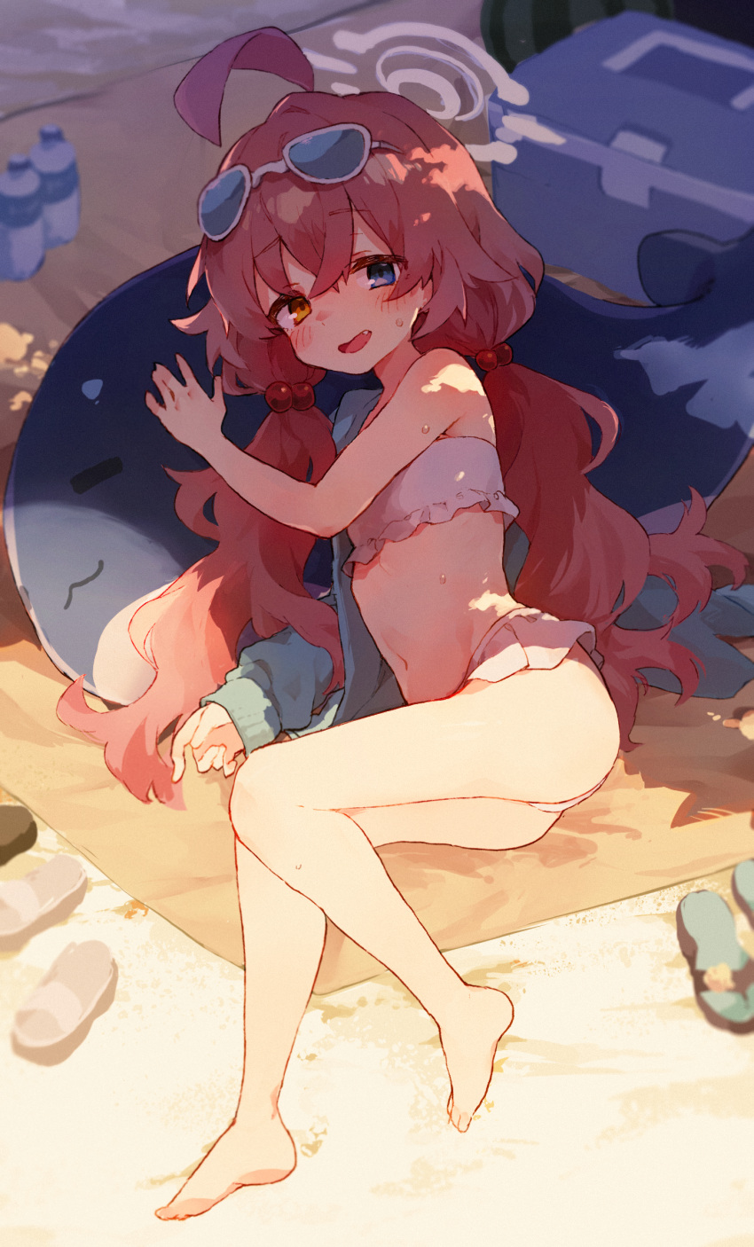 :d absurdres ahoge bare_legs bare_shoulders barefoot bikini blue_archive blue_eyes blush collarbone day eyewear_on_head feet female frilled_bikini frills full_body green_jacket hair_bobbles hair_ornament halo hand_up heterochromia highres hoshino_(blue_archive) hoshino_(swimsuit)_(blue_archive) inflatable_toy inflatable_whale jacket legs long_hair looking_at_viewer lying navel oerba_yun_fang official_alternate_costume on_side open_clothes open_jacket open_mouth outdoors pink_hair rimukoro smile solo stomach swimsuit thighs toes twintails very_long_hair whale white_bikini yellow_eyes