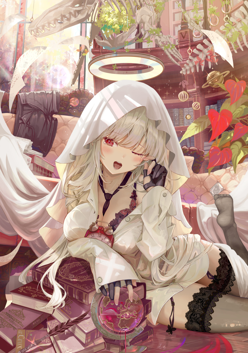 absurdres black_gloves black_shorts black_thighhighs book breasts cleavage female fingerless_gloves garter_straps gloves grey_hair hand_up highres indoors ito_lab long_hair long_sleeves looking_at_viewer lying no_pants on_stomach one_eye_closed open_mouth original partially_fingerless_gloves red_eyes shirt shorts sleepy tearing_up teeth thighhighs unworn_shorts white_shirt