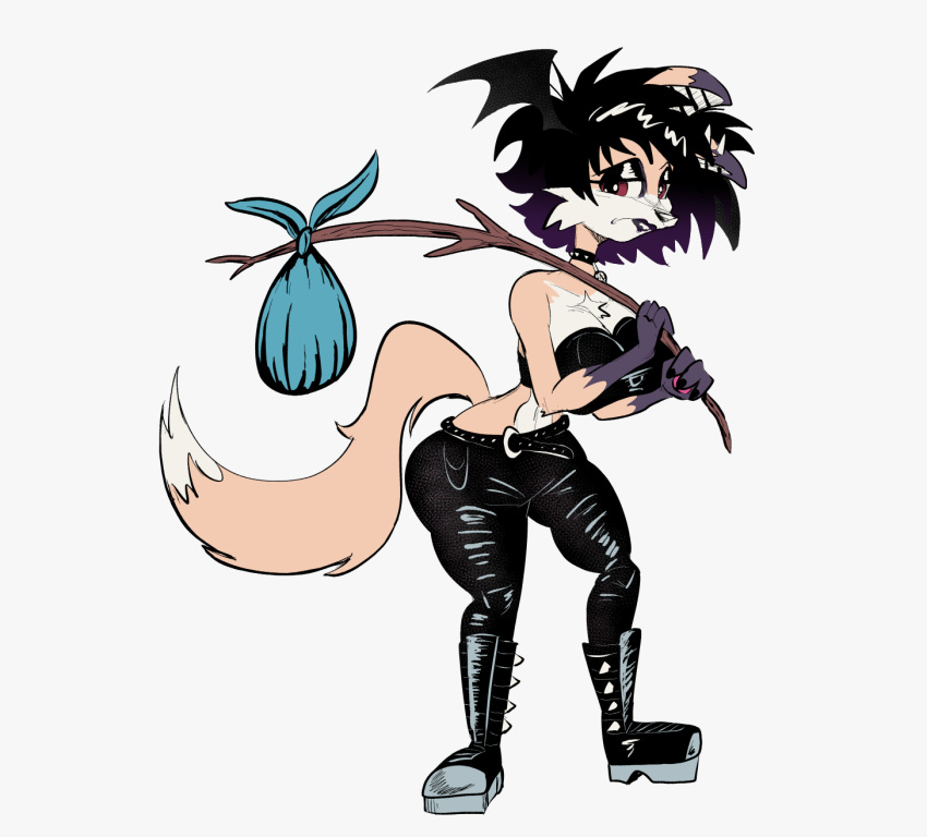 alternative_fashion anthro bat-eared_fox bat_wings belt bindle black_eyeshadow black_hair black_lipstick boker boots bottomwear canid canine clothing digital_media_(artwork) eyeshadow female footwear fox fur goth hair head_wings hi_res laura_derose lipstick makeup mammal membrane_(anatomy) membranous_wings orange_body orange_fur pants red_eyes sad sad_ant_with_bindle_(meme) shoes simple_background solo stick topwear tube_top unusual_wing_placement white_background wings