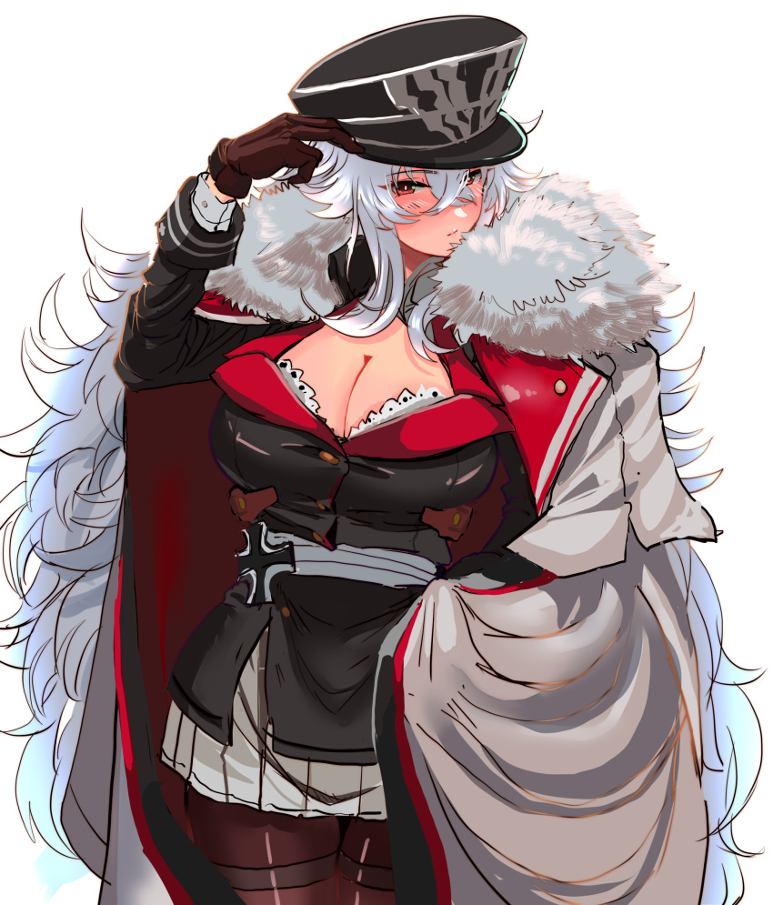 adjusting_clothes adjusting_headwear azur_lane belt black_cape black_gloves black_hat black_pantyhose black_suit blush bra breasts cape center_opening cleavage cloak closed_mouth coat cowboy_shot cross crossed_bangs female fur-trimmed_coat fur_trim gloves graf_zeppelin_(azur_lane) grey_belt hat hey_taisyou highres iron_cross large_breasts long_hair looking_at_viewer military_hat military_uniform miniskirt open_clothes open_coat pantyhose peaked_cap pleated_skirt red_eyes sidelocks skirt solo suit thighband_pantyhose two-tone_cape underwear very_long_hair white_bra white_cloak white_coat white_hair white_skirt