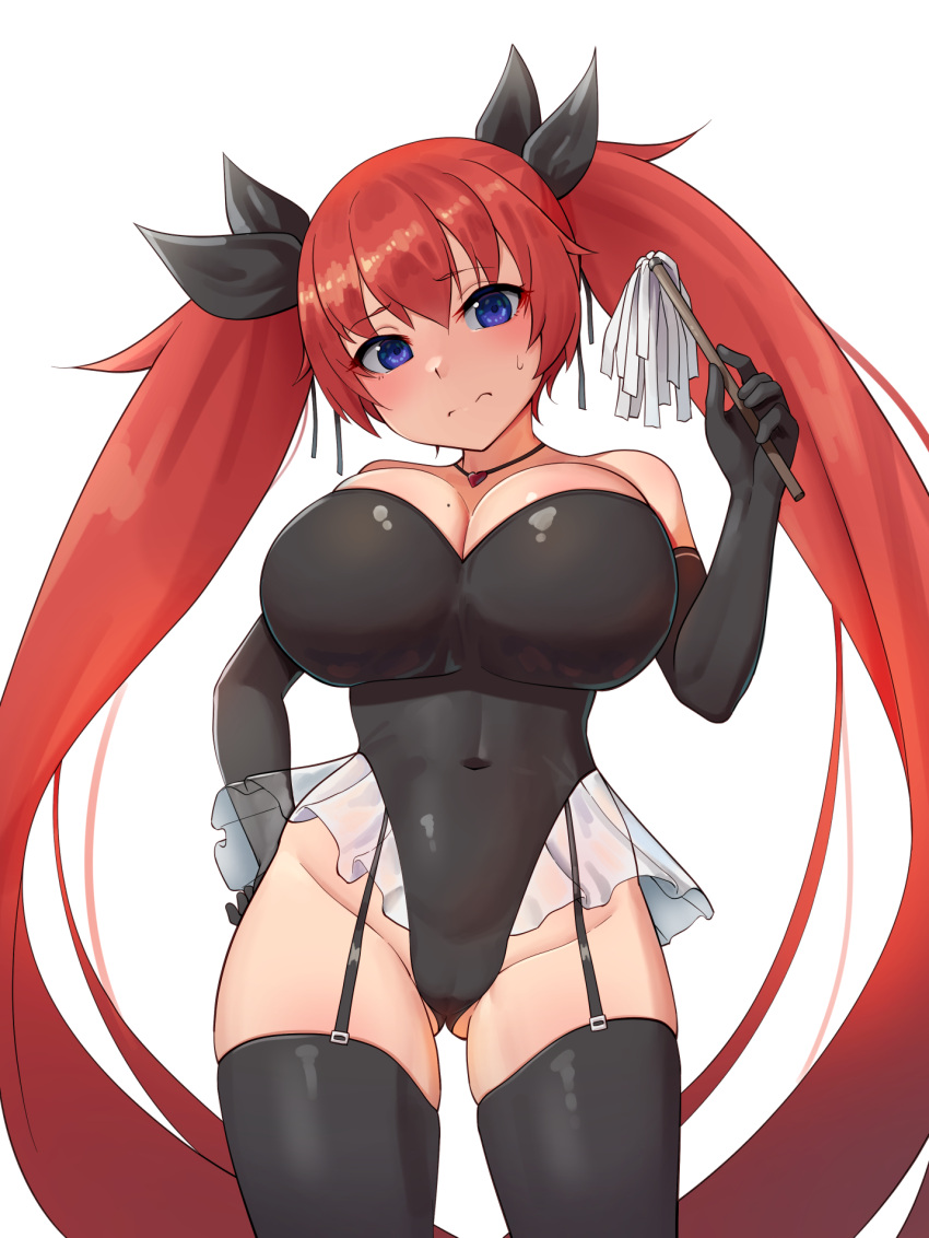 ajidot ass_visible_through_thighs bare_shoulders black_gloves black_leotard black_ribbon black_thighhighs blue_eyes breasts cameltoe closed_mouth covered_navel cowboy_shot dot_nose duster elbow_gloves female frilled_skirt frills garter_straps gloves hair_ornament hair_ribbon hand_on_own_hip heart heart_necklace highleg highleg_leotard highres holding holding_duster jewelry korean_commentary large_breasts last_origin legs_apart leotard light_frown long_hair looking_back may_of_doom mole mole_on_breast necklace purple_eyes red_hair ribbon see-through see-through_skirt simple_background single_hair_intake skirt solo split_mouth standing strapless strapless_leotard sweat thighhighs thighs twintails very_long_hair white_background