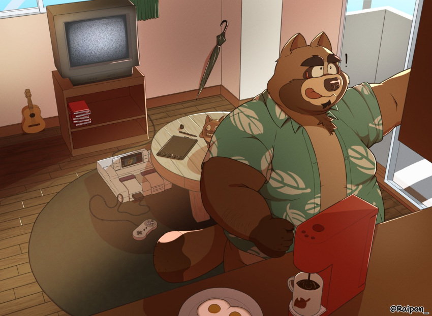 2024 anthro belly beverage big_belly brown_body canid canine clothing coffee controller detailed_background electronics food game_console game_controller guitar inside kemono male mammal musical_instrument nintendo nintendo_controller overweight overweight_male plucked_string_instrument raccoon_dog raipon shirt snes_cartridge snes_console snes_controller solo string_instrument super_nintendo tanuki television topwear umbrella vtuber