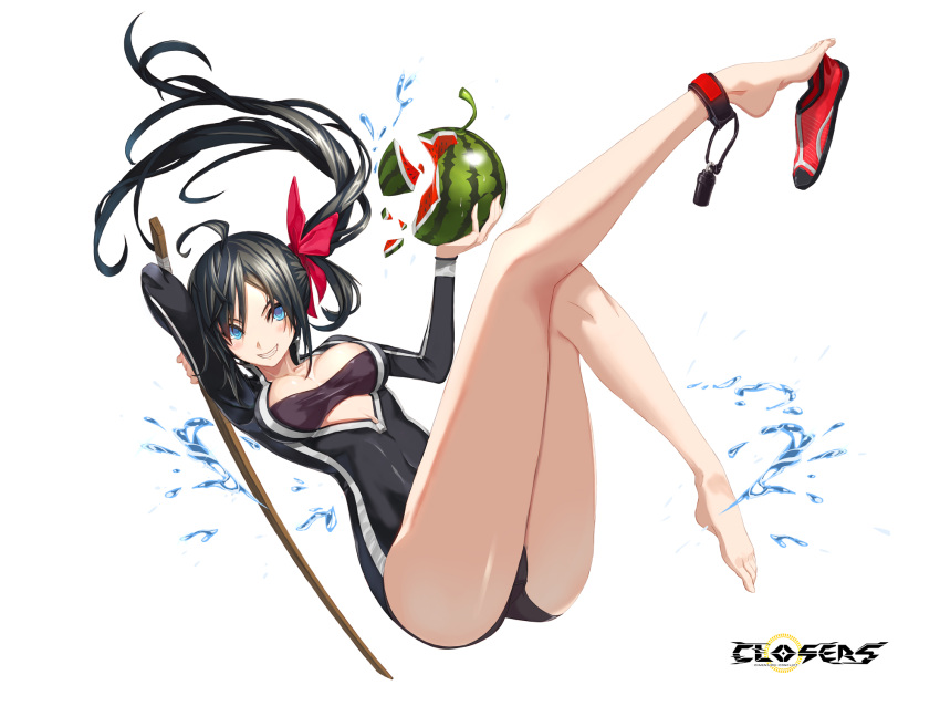 ahoge arm_up ass bare_legs barefoot black_hair black_tube_top black_wetsuit blue_eyes bodysuit bow breasts closers copyright_name covered_navel diving_suit female floating_hair food fruit full_body grin hairbow hands_up highres holding holding_food holding_fruit holding_stick legs legs_up logo long_hair long_sleeves looking_at_viewer lying medium_breasts official_art on_back parted_bangs plunging_neckline ponytail red_bow red_footwear shoe_dangle shoes single_ankle_cuff single_shoe smile solo springsuit stick strapless teeth thighs tube_top unworn_shoe variant_set water_drop watermelon wetsuit white_background yuri_seo