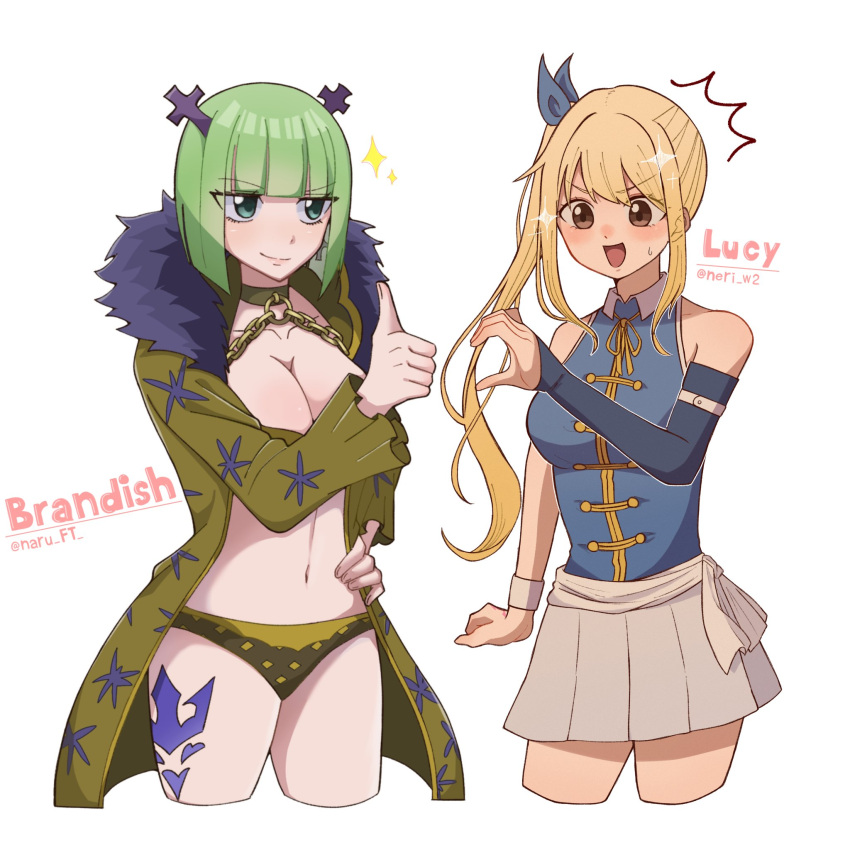 2girls artist_collaboration artist_name bare_shoulders bikini blonde_hair blue_ribbon blue_shirt brandish_mu breasts brown_bikini brown_eyes character_name cleavage coat cross_hair_ornament fairy_tail fur-trimmed_coat fur_trim green_eyes green_hair hair_ornament hair_ribbon hand_on_own_hip heart_hands_failure highres large_breasts leg_tattoo long_coat long_hair lucy_heartfilia multiple_girls naru_ft navel neri_w2 open_clothes open_coat open_mouth pleated_skirt ribbon shirt short_hair side_ponytail simple_background single_sleeve skirt sleeveless sleeveless_shirt sparkle swimsuit tattoo white_background white_skirt