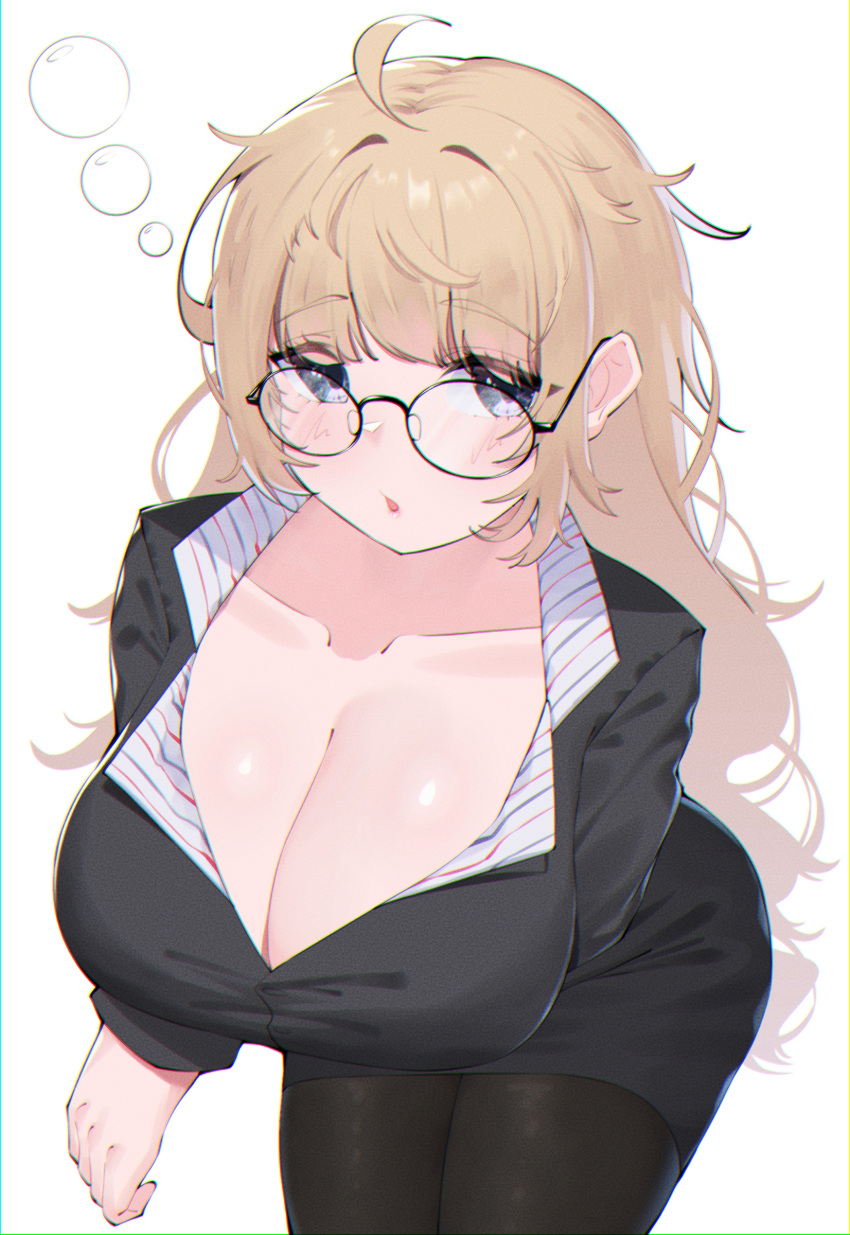 absurdres ahoge black_jacket black_pantyhose blonde_hair breasts cleavage collarbone female glasses highres himeliofon jacket large_breasts leaning_forward long_hair office_lady original pantyhose round_eyewear solo