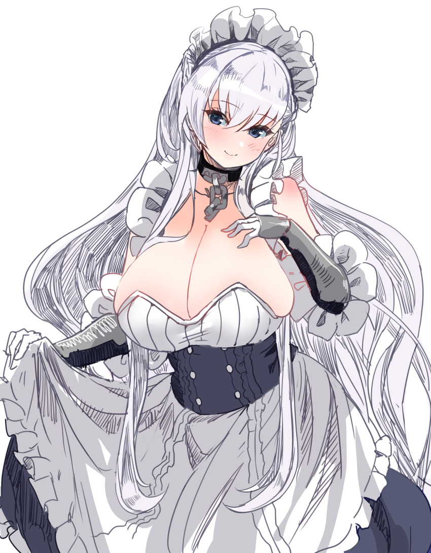 absurdres azur_lane belfast_(azur_lane) black_eyes blush breasts broken broken_chain chains cleavage collar dress female frilled_dress frills gloves grey_hair hair_between_eyes hand_on_own_chest hey_taisyou highres large_breasts long_hair maid maid_headdress simple_background skirt_hold smile solo very_long_hair white_background white_gloves