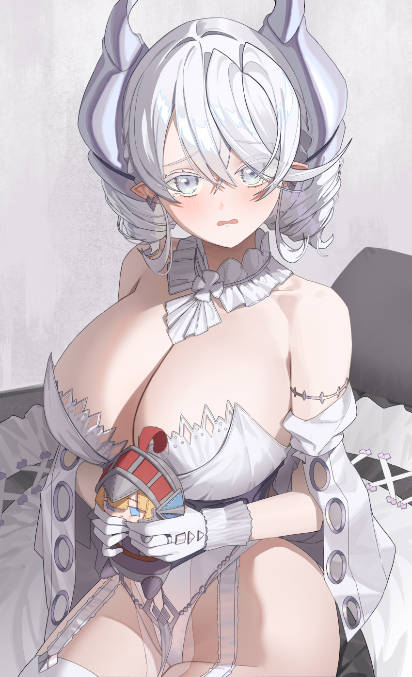 absurdres bare_shoulders blush breasts character_doll cleavage commentary_request demon_girl demon_horns detached_collar doll drill_hair duel_monster earrings female grey_eyes grey_horns hair_between_eyes highres holding holding_doll horns jewelry knight_(yu-gi-oh!) korean_commentary lady_labrynth_of_the_silver_castle large_breasts leotard looking_at_viewer lovely_labrynth_of_the_silver_castle open_mouth pointy_ears sitting solo tachibana-san tearing_up white_eyelashes white_hair white_leotard yu-gi-oh!