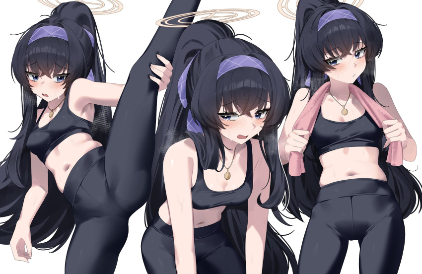 bags_under_eyes black_hair black_pants black_sports_bra blue_archive blue_eyes blue_hairband breasts female hairband halo highres jewelry long_hair muffin_top navel necklace pants pink_towel ponytail small_breasts split sports_bra standing standing_on_one_leg standing_split towel towel_around_neck ui_(blue_archive) very_long_hair wakamepiza yoga_pants