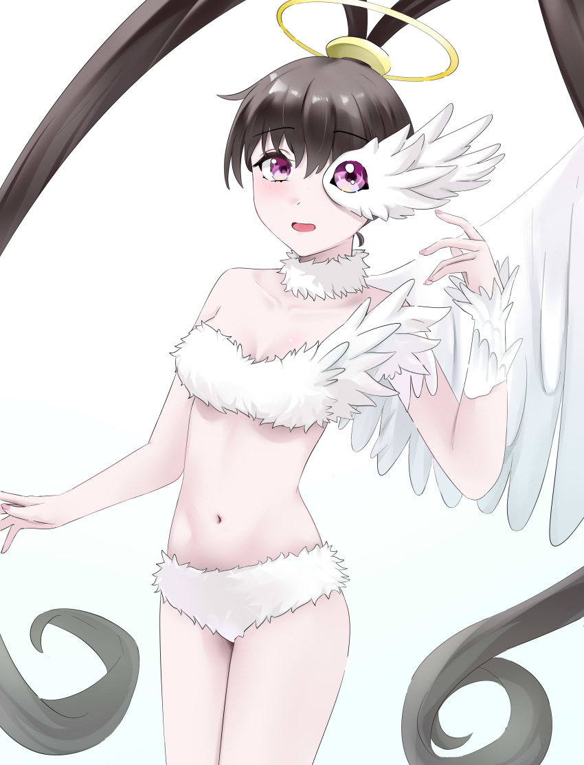 absurdres amano_nene_(digimon_xros_wars) bare_shoulders bikini blush breasts brown_hair cleavage collarbone curly_hair digimon digimon_(creature) digimon_xros_wars feathered_wings female fur_bikini fur_collar halo hand_up high_ponytail highres long_hair looking_at_viewer luminamon medium_breasts mianbaoren midriff navel open_mouth purple_eyes sidelocks simple_background single_wing smile solo split_ponytail swimsuit very_long_hair white_background white_bikini wings