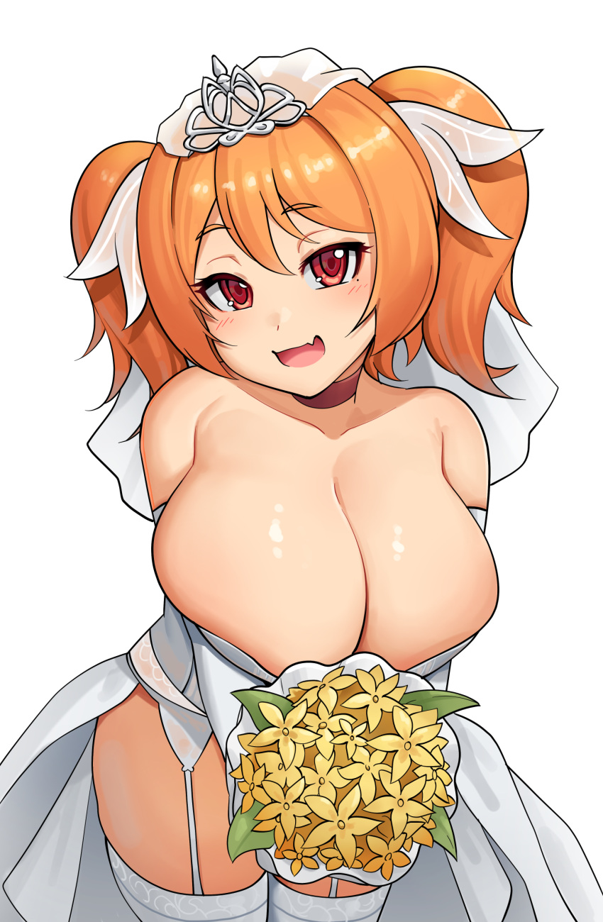 :d ajidot arms_under_breasts bare_shoulders bouquet breasts bridal_veil cerberus_(last_origin) choker cleavage collarbone cowboy_shot dot_nose double-parted_bangs dress elbow_gloves female flower forehead garter_straps gloves hair_ornament hair_ribbon head_tilt highres holding holding_bouquet korean_commentary lace-trimmed_legwear lace_trim large_breasts last_origin leaf legs_together looking_at_viewer mole mole_under_eye oerba_yun_fang open_mouth orange_choker orange_hair red_eyes ribbon shiny_skin short_tail simple_background single_hair_intake skin_fang smile solo standing tail thighhighs thighs tiara veil wedding_dress white_background white_dress white_gloves white_ribbon white_thighhighs white_veil yellow_flower