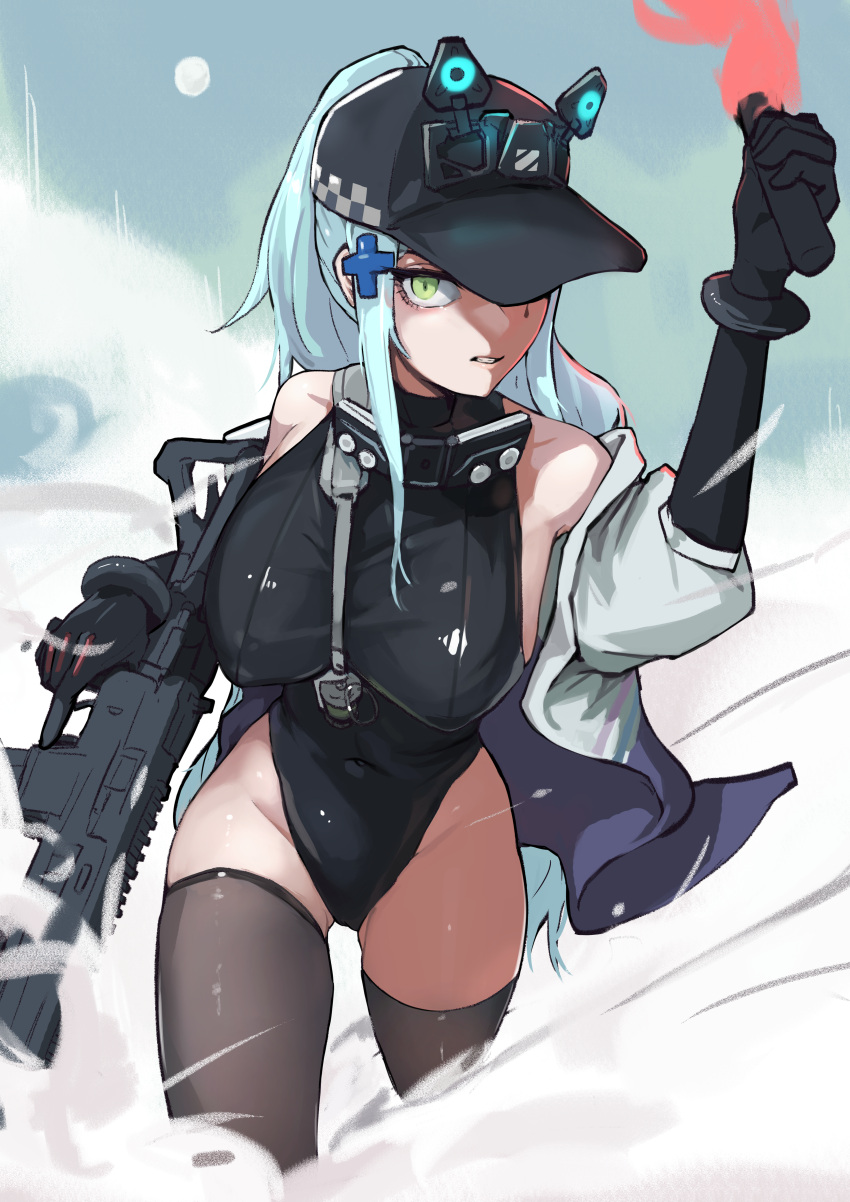 absurdres assault_rifle baseball_cap between_breasts black_hat black_leotard black_thighhighs blue_hair breasts female flare flashbang girls'_frontline girls'_frontline_2:_exilium gun h&k_hk416 hat highres hk416_(girls'_frontline) holding holding_gun holding_weapon i_bucket jacket leotard long_hair looking_at_viewer multicolored_clothes multicolored_jacket off_shoulder open_clothes open_jacket parted_lips ponytail purple_jacket rifle sleeveless_leotard solo tattoo teardrop_facial_mark teardrop_tattoo thighhighs trigger_discipline two-tone_jacket weapon white_jacket