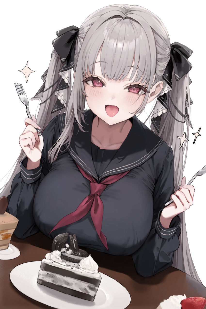 absurdres azur_lane black_ribbon black_sailor_collar black_serafuku blush breasts cake cake_slice chocolate_cake collarbone cookie elbows_on_table female fingernails food fork formidable_(azur_lane) formidable_(the_lover's_heart_flutters_on_duty)_(azur_lane) freng grey_hair hair_intakes hair_ribbon highres holding holding_fork holding_knife knife large_breasts long_fingernails long_hair long_sleeves looking_at_viewer neckerchief official_alternate_costume open_mouth oreo pink_eyes plate red_neckerchief ribbon sailor_collar school_uniform serafuku simple_background smile solo sparkle table tongue twintails two-sided_ribbon two-tone_ribbon very_long_hair white_background white_ribbon