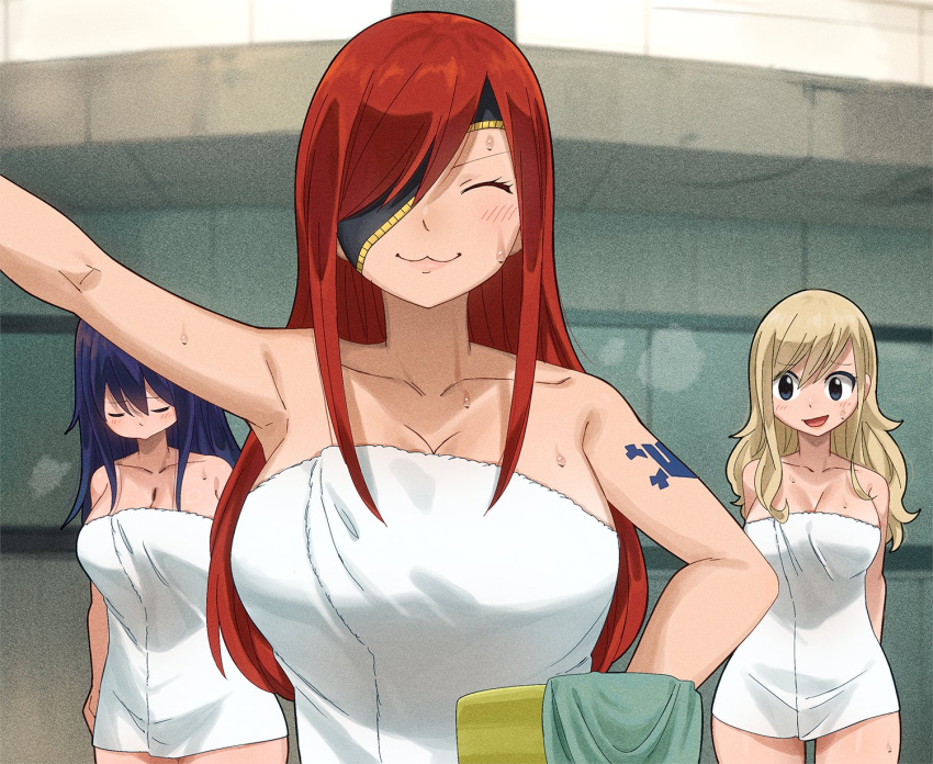 3girls arm_tattoo arm_up bare_shoulders blonde_hair blue_eyes breasts cleavage closed_eyes collarbone colorized commentary eden's_zero elsie_crimson eyepatch gaston18 highres homura_kogetsu large_breasts long_hair multiple_girls open_mouth rebecca_bluegarden red_hair symbol-only_commentary tattoo towel