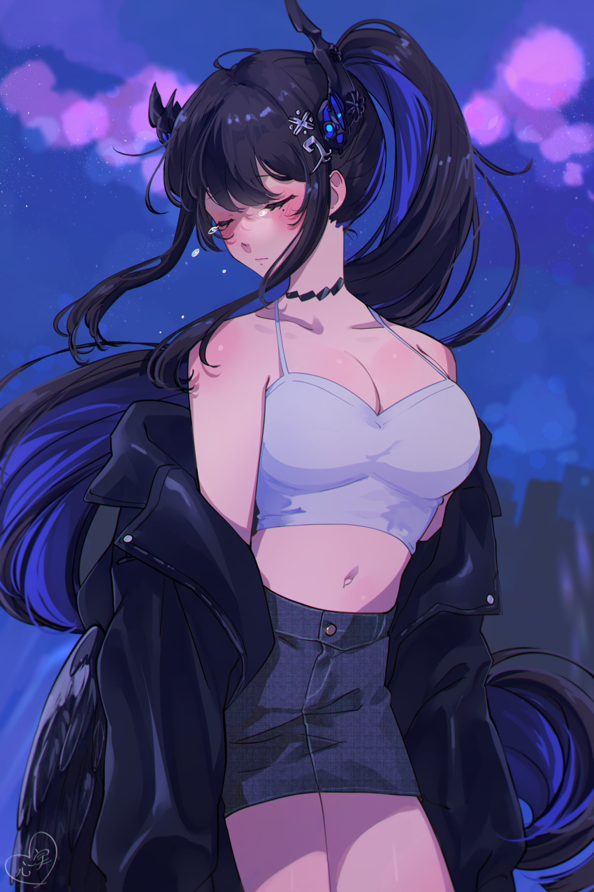 absurdres black_coat black_hair blue_hair breasts closed_eyes coat colored_inner_hair crop_top denim denim_skirt female highres hololive hololive_english horns kokomi_(aniesuakkaman) large_breasts long_hair midriff mole mole_under_eye multicolored_hair navel nerissa_ravencroft night ponytail signature skirt tears virtual_youtuber