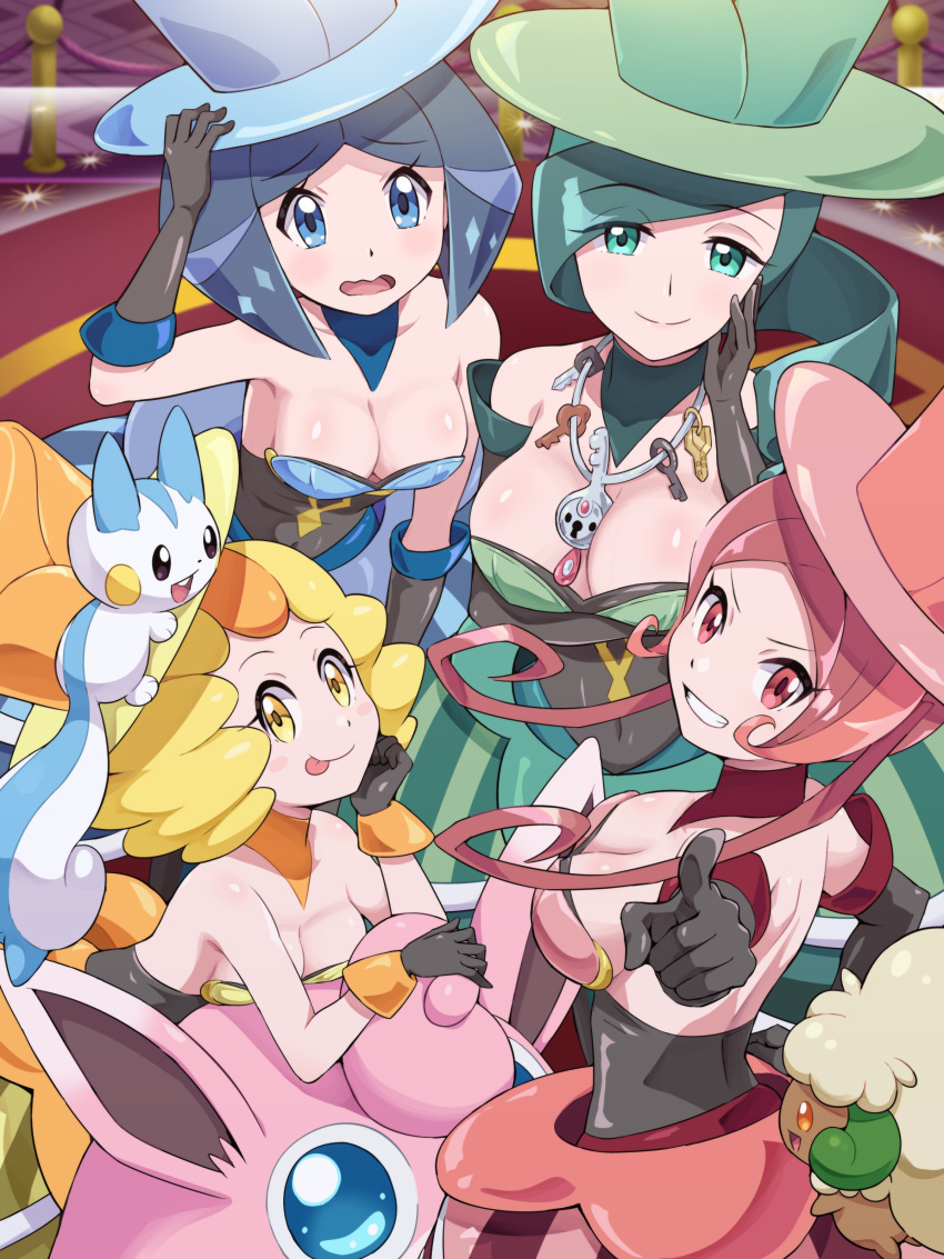 4girls absurdres bare_shoulders battle_chatelaine black_gloves blonde_hair blue_dress blue_eyes blue_hair blush breasts cleavage collarbone dana_(pokemon) dress drill_hair elbow_gloves evelyn_(pokemon) gloves green_eyes green_hair hat highres long_hair looking_at_viewer morgan_(pokemon) multicolored_hair multiple_girls nita_(pokemon) open_mouth pachirisu pantyhose pink_hair pokemoa pokemon pokemon_(creature) pokemon_xy red_eyes red_hair short_hair smile top_hat whimsicott wigglytuff yellow_eyes