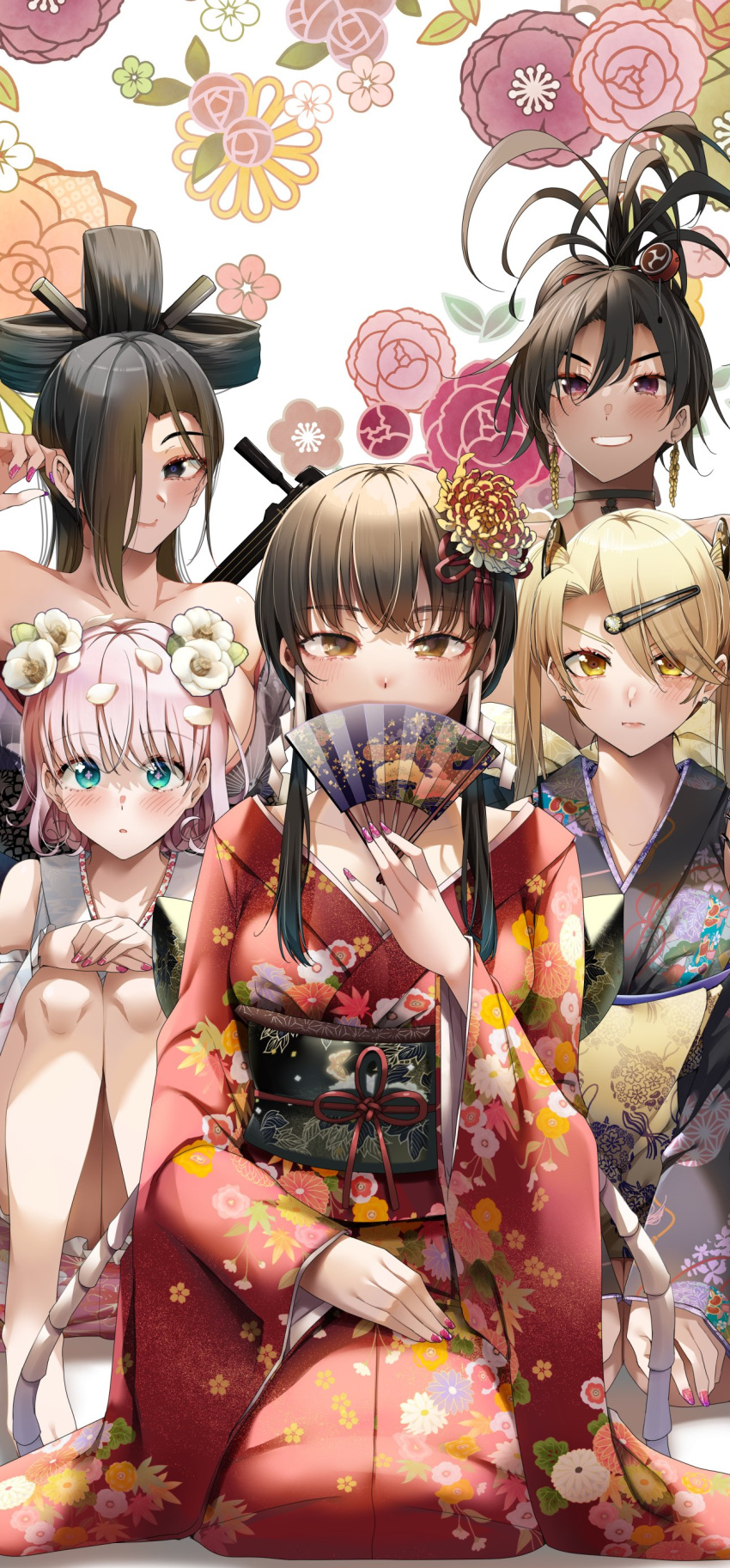 5girls absurdres asymmetrical_bangs bare_shoulders black_hair black_kimono black_sash blonde_hair blue_eyes blush breasts brown_eyes brown_hair chinese_knot closed_mouth collarbone commentary_request floral_background floral_print_kimono flower grin hair_between_eyes hair_flower hair_ornament hair_over_one_eye hair_rings hairclip hand_fan highres holding holding_fan japanese_clothes kimono knees_to_chest light_smile medium_breasts multiple_girls obi original pink_hair purple_nails red_kimono ryouma_(galley) sash seiza sitting smile white_background white_flower yellow_eyes