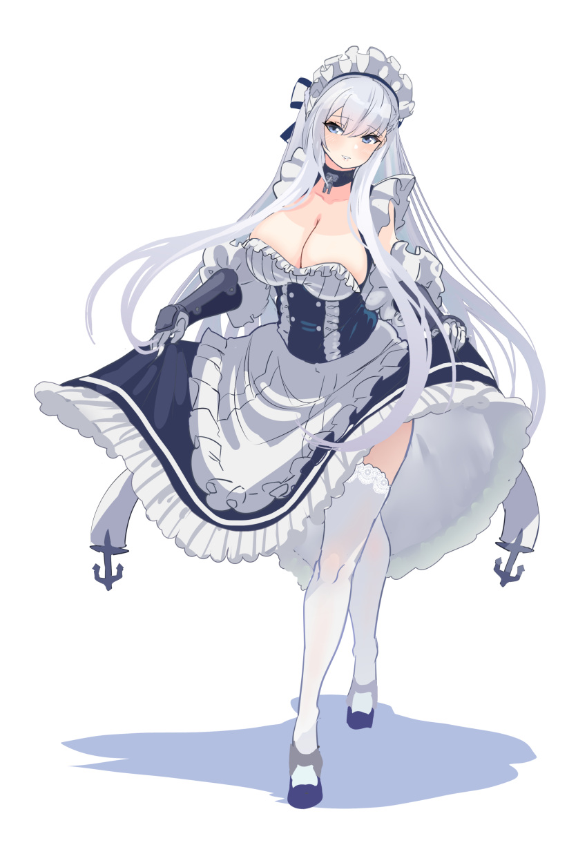 absurdres apron azur_lane belfast_(azur_lane) braid breasts broken broken_chain chains cleavage female frilled_apron frilled_gloves frills full_body gloves hey_taisyou highres large_breasts long_hair low_neckline maid maid_apron maid_headdress solo thighhighs white_hair white_thighhighs