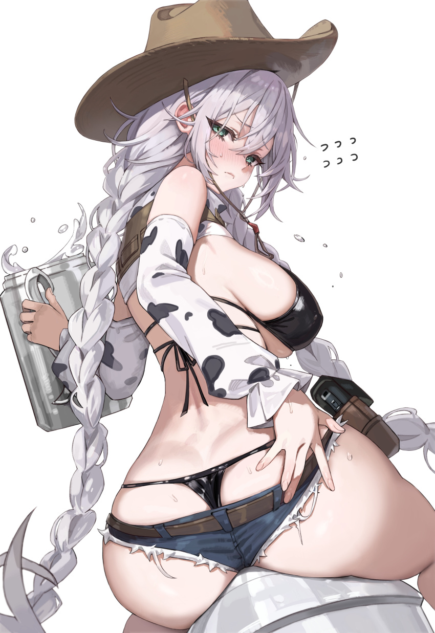 absurdres animal_print ass azur_lane bikini black_bikini blush braid breasts closed_mouth covered_nipples cow_print cowboy_hat cowboy_western cowgirl_(western) cup detached_sleeves eyelashes fargo_(azur_lane) fargo_(dairy_in_the_dreary_sun)_(azur_lane) female fingernails flying_sweatdrops freng green_eyes gun hair_between_eyes hat highres holding holster holstered long_hair looking_at_viewer looking_back mechanical_bull milk official_alternate_costume oversized_object sideboob simple_background skindentation solo sweat swimsuit thong thong_bikini twintails very_long_hair weapon whale_tail_(clothing) white_background white_hair