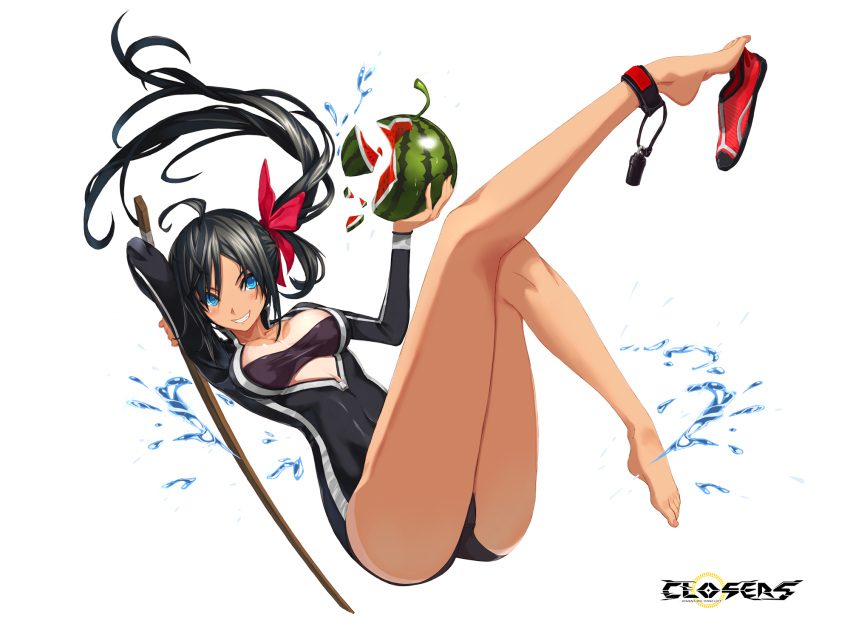 ahoge arm_up ass bare_legs barefoot black_hair black_tube_top black_wetsuit blue_eyes bodysuit bow breasts closers copyright_name covered_navel diving_suit female floating_hair food fruit full_body grin hairbow hands_up highres holding holding_food holding_fruit holding_stick legs legs_up logo long_hair long_sleeves looking_at_viewer lying medium_breasts official_art on_back one-piece_tan parted_bangs plunging_neckline ponytail red_bow red_footwear shoe_dangle shoes single_ankle_cuff single_shoe smile solo springsuit stick strapless tan tanlines teeth thighs tube_top unworn_shoe variant_set water_drop watermelon wetsuit white_background yuri_seo