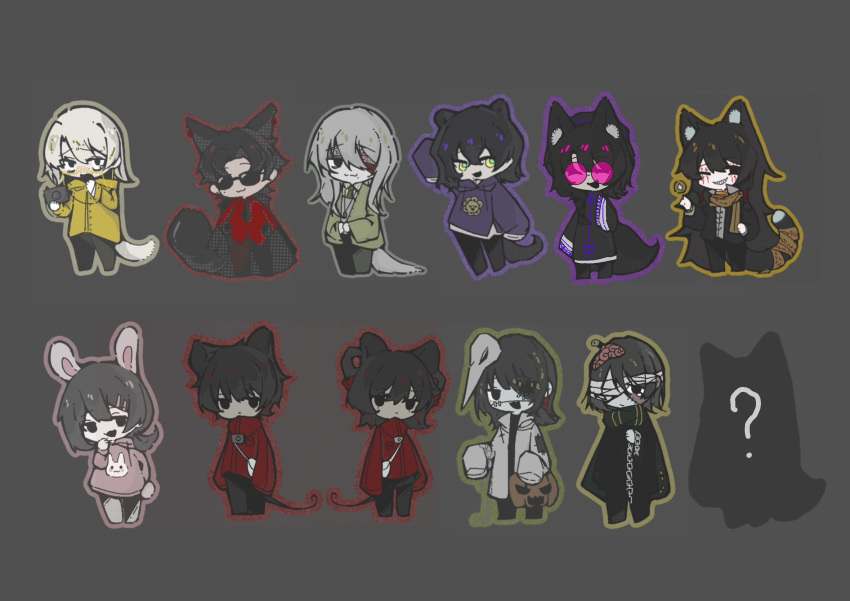 6+boys :3 animal_ears bai_ling_(touqi_guaitan) bandage_over_one_eye black_background black_coat black_eyes black_gloves black_hair black_necktie black_pants black_pantyhose black_shirt black_skirt camera camera_around_neck cardigan cat_boy cat_ears cat_tail chibi chibi_only chinese_commentary closed_eyes closed_mouth coat coin collared_shirt commentary_request curtained_hair dog_boy dog_ears dog_tail exposed_brain eyewear_strap facial_tattoo female fox_boy freckles glasses gloves green_cardigan green_necktie green_outline green_pupils green_scarf grey_coat grey_hair grey_pants grey_shirt grey_vest grin hair_between_eyes hair_ornament hairclip hand_on_own_hip hand_up hands_on_own_hips high_collar highres holding holding_camera holed_coin hood hood_down hoodie huai_yunqing jacket kemonomimi_mode li_yuting_(female) li_yuting_(male) long_hair long_sleeves medium_hair mo_chengwei mole mole_under_eye mole_under_mouth mouse_boy mouse_ears mouse_girl mouse_tail multiple_boys naihe_(male)_(touqi_guaitan) necktie nobu872674 ofuda one_eye_closed open_cardigan open_clothes open_mouth outline own_hands_together pants pantyhose parted_bangs patchwork_skin pink-tinted_eyewear pink_hoodie pink_outline plague_doctor_mask purple_hoodie purple_outline rabbit_boy rabbit_ears rabbit_tail red_jacket red_outline round_eyewear scarf shirt short_hair shu_nanfeng simple_background skirt sleeves_past_fingers sleeves_past_wrists smile striped_clothes striped_shirt sunglasses tail tattoo tearing_up tinted_eyewear touqi_guaitan vertical-striped_clothes vertical-striped_shirt vest white_hair white_shirt wu_song_(male)_(touqi_guaitan) yellow-tinted_eyewear yellow_eyes yellow_outline you_jiujiu zhu_yaoxing ziche_fuzhao