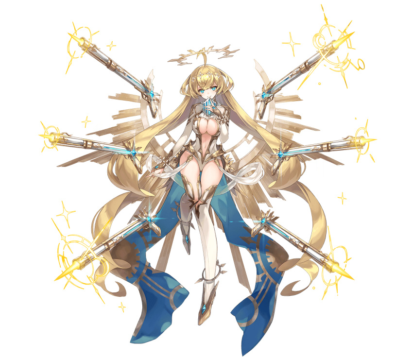 ahoge blonde_hair breasts cleavage closed_mouth female floating floating_object floating_weapon full_body gold_footwear halo highres long_sleeves looking_at_viewer official_art phantom_of_the_kill simple_background smile solo standing standing_on_one_leg straight-on thighhighs thighs tiphereth_(phantom_of_the_kill) transparent_background yellow_halo