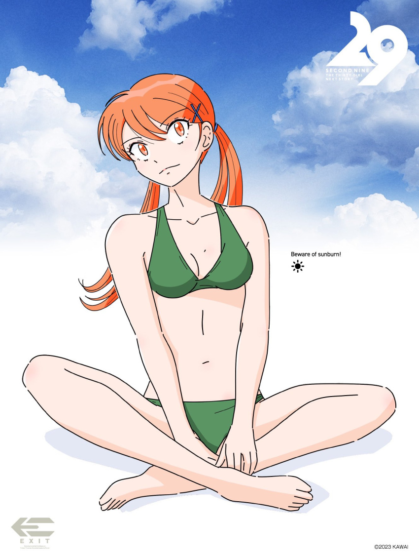 30girl.com artist_name between_legs bikini cloud cloudy_sky copyright_name dated female green_bikini hair_ornament hand_between_legs highres indian_style kawai_shingo long_hair looking_at_viewer navel orange_eyes orange_hair sitting sky solo swimsuit twintails x_hair_ornament