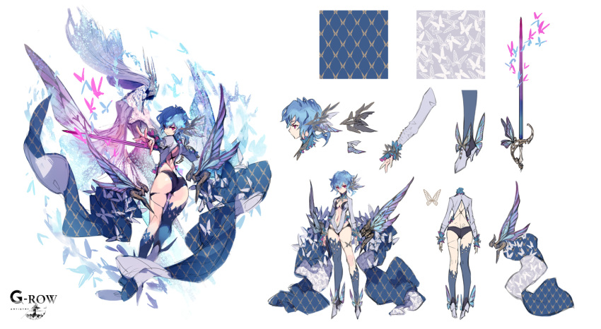 almace_(phantom_of_the_kill) ass back blue_hair bug butterfly crossed_bangs da-kuro female from_behind full_body hair_between_eyes hair_ornament holding holding_sword holding_weapon looking_at_viewer looking_back midriff official_alternate_costume official_art outstretched_arm phantom_of_the_kill pink_eyes profile purple_eyes reference_sheet shoes short_shorts shorts standing sword weapon white_background