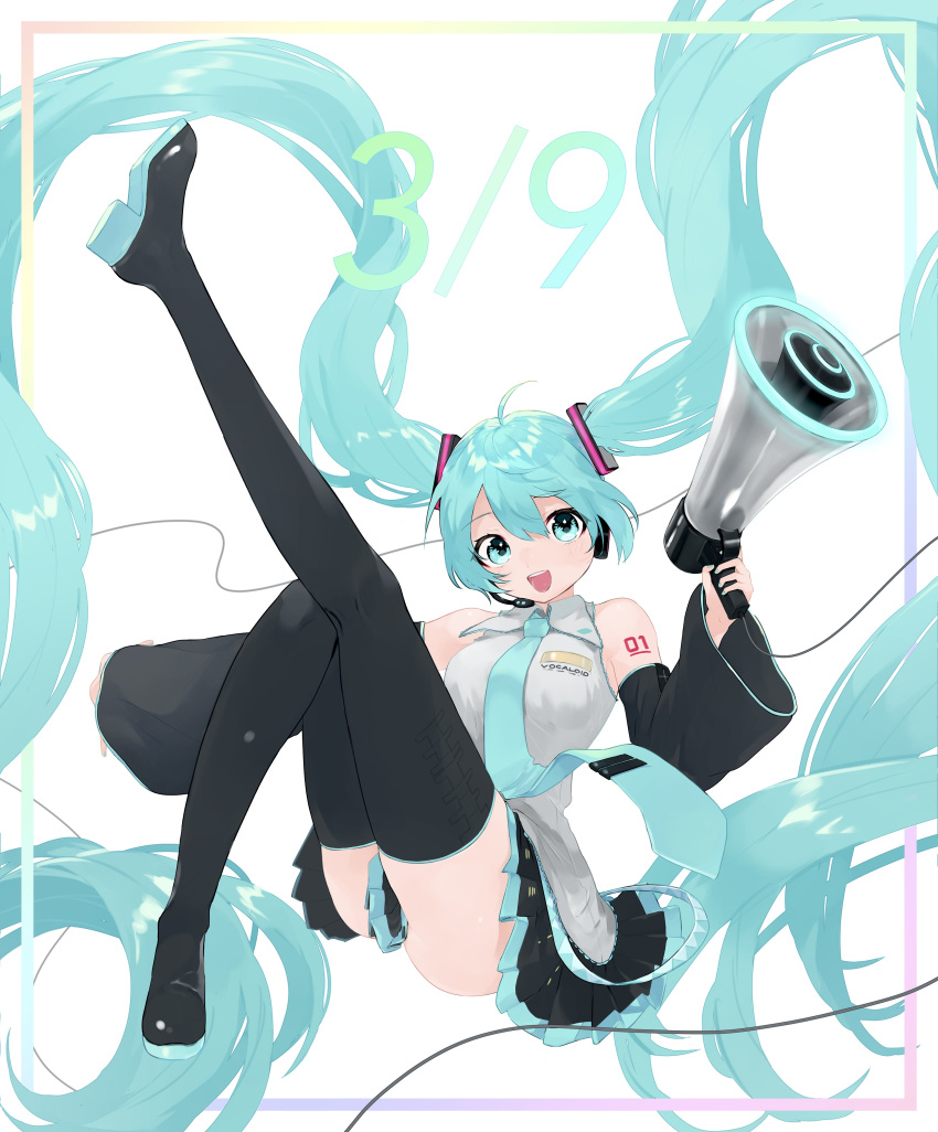 hatsune_miku headphones skirt_lift tattoo thighhighs usagiplanet7 vocaloid