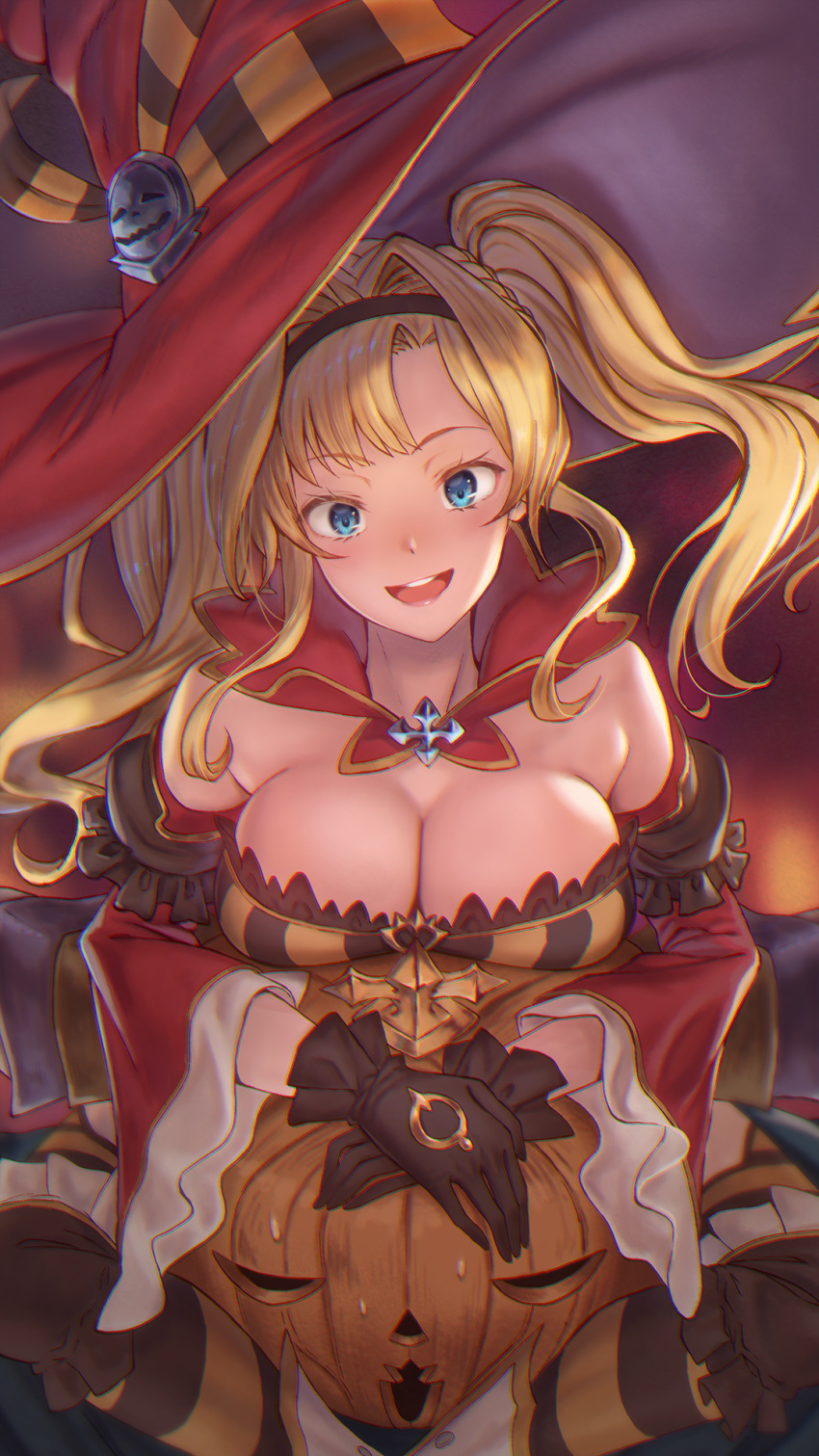 1boy :d black_gloves black_hairband black_legwear blonde_hair blue_eyes blush breasts cape cleavage commentary_request detached_sleeves dress fake_horns female gloves granblue_fantasy hairband halloween hat head_tilt highres horned_headwear horns jack-o'-lantern long_hair official_alternate_costume open_mouth red_cape red_headwear red_sleeves sitting sitting_on_person smile striped_clothes striped_dress tekkai_blade thighhighs twintails vaseraga vaseraga_(halloween)_(granblue_fantasy) wide_sleeves witch_hat zeta_(granblue_fantasy) zeta_(halloween)_(granblue_fantasy)