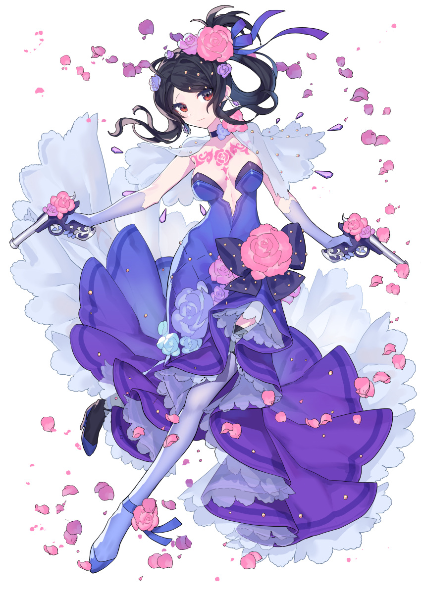 absurdres bad_id bad_pixiv_id black_hair black_tea_(food_fantasy) breasts brown_eyes dress female flower food_fantasy full_body gun highres holding holding_weapon long_hair looking_to_the_side maratang pale_skin petals ponytail revealing_clothes weapon white_background