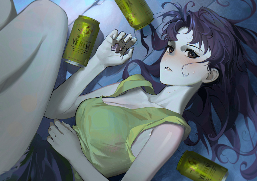 absurdres alcohol beer_can blush breasts brown_eyes can cleavage cross cross_necklace drink_can female highres holding holding_jewelry holding_necklace jewelry katsuragi_misato large_breasts long_hair looking_at_viewer lying necklace neon_genesis_evangelion on_side parted_lips purple_hair serpent_(pepepp39) short_shorts shorts solo sweat tank_top yebisu yellow_tank_top