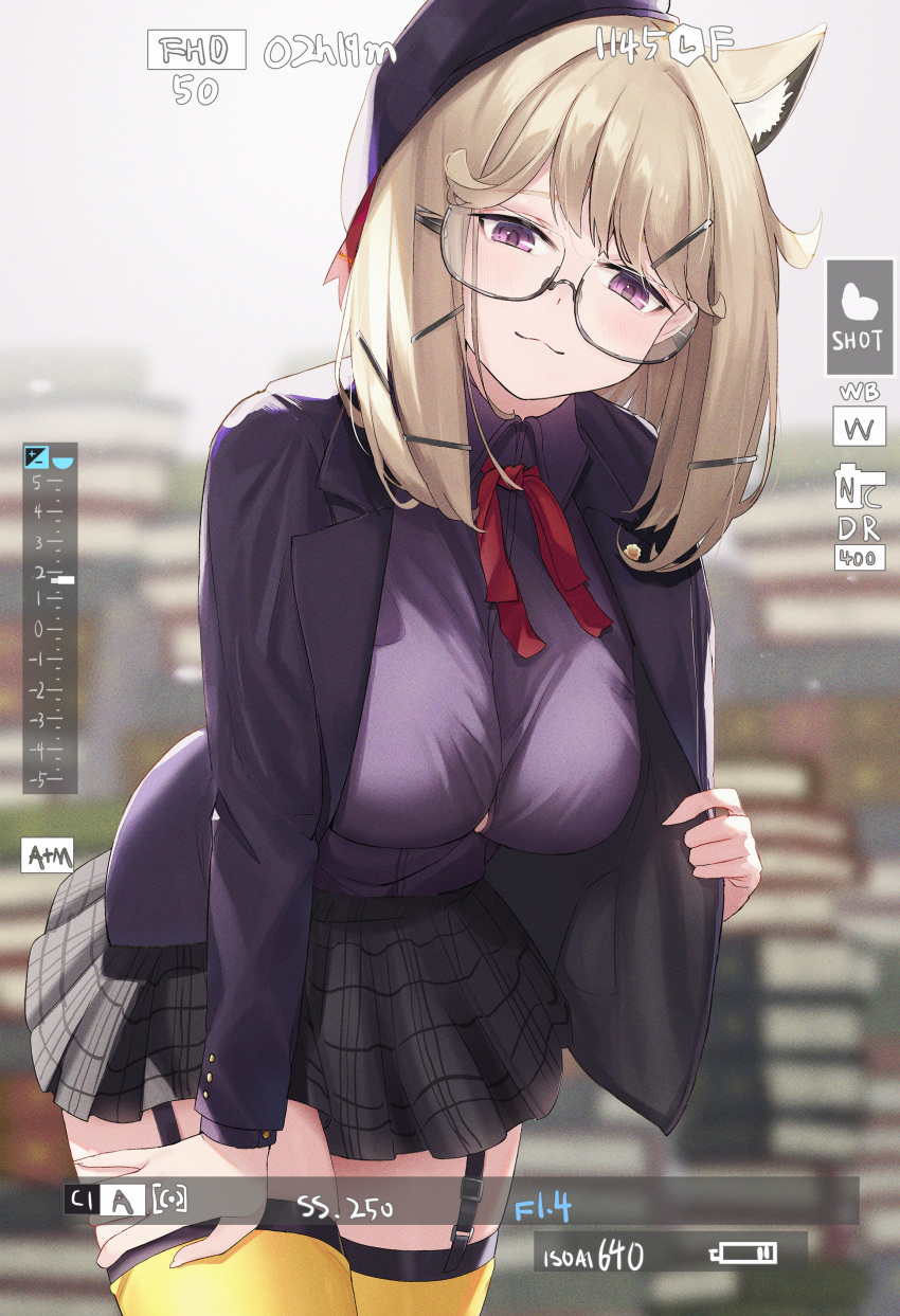 :3 absurdres animal_ear_fluff animal_ears arknights black-framed_eyewear black_hat black_jacket black_skirt blonde_hair blush book book_stack breasts button_gap closed_mouth collared_shirt female glasses hair_ornament hairclip hand_on_own_thigh hat highres jacket large_breasts leaning_forward long_hair looking_at_viewer miniskirt neck_ribbon official_alternate_costume open_clothes open_jacket plaid plaid_skirt purple_eyes purple_jacket red_ribbon ribbon semi-rimless_eyewear shirt skirt smile solo thighhighs under-rim_eyewear utage_(arknights) utage_(disguise)_(arknights) yellow_thighhighs zayur zipper