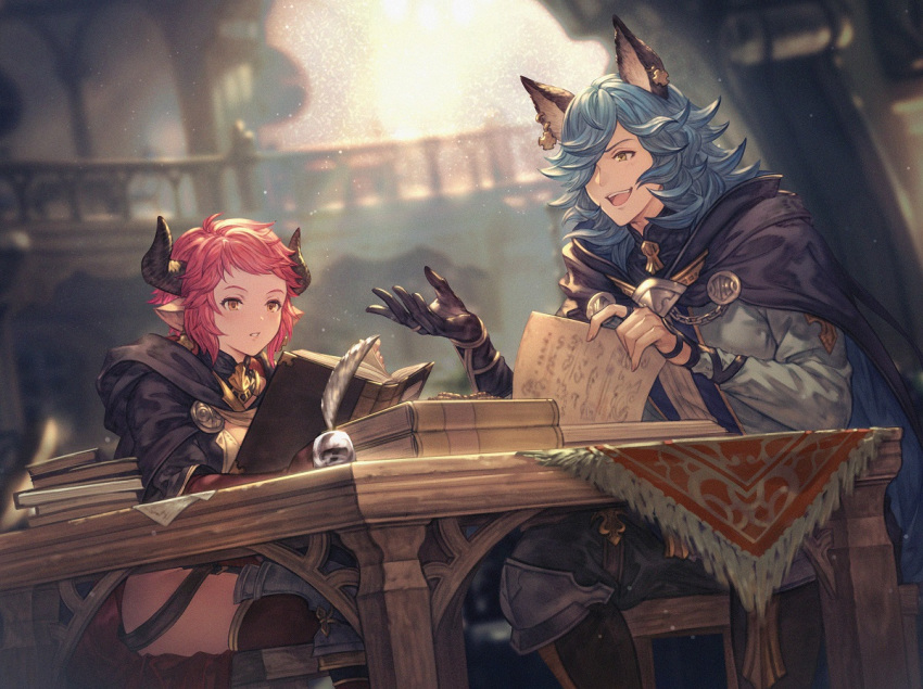 :d animal_ears blue_hair blurry book brown_eyes cape chair cross cross_earrings depth_of_field drang_(granblue_fantasy) draph earrings erune gloves granblue_fantasy hair_over_one_eye horns jewelry official_art one_eye_covered open_book open_mouth parted_lips pointy_ears quill red_hair single_glove sitting smile sturm_(granblue_fantasy) table thighs