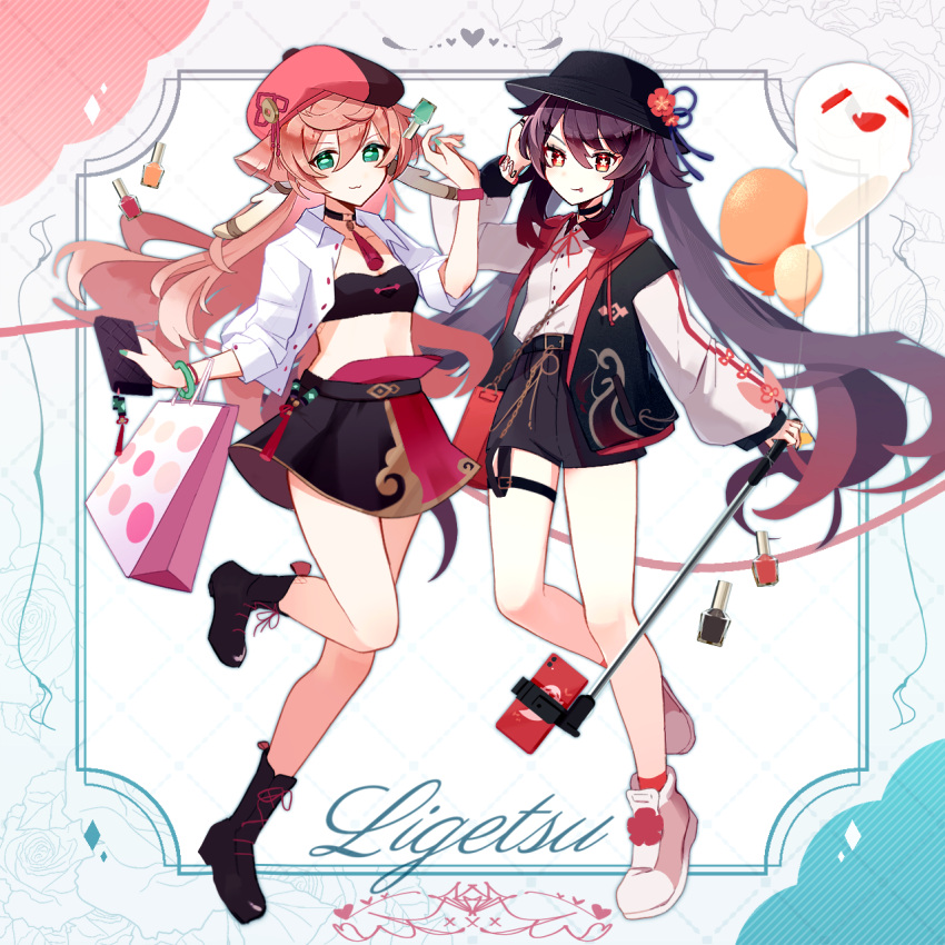 2girls :3 antlers boo_tao_(genshin_impact) brown_hair commentary_request flower flower-shaped_pupils full_body genshin_impact ghost green_eyes hat highres horns hu_tao_(genshin_impact) jewelry long_hair long_sleeves multiple_girls pink_hair plum_blossoms red_eyes revision ring shorts simple_background symbol-shaped_pupils thighs tongue tongue_out twintails utori_(tanakautori) white_background yanfei_(genshin_impact)