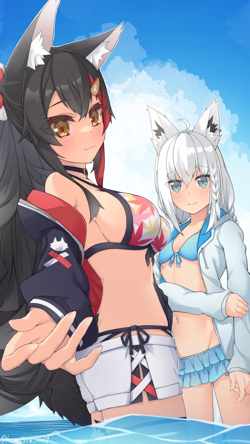 2girls absurdres ahoge animal_ear_fluff animal_ears bad_id bad_pixiv_id bikini bikini_skirt bikini_under_clothes black_hair blue_bikini blush braid breasts cloud cloudy_sky commentary_request day earrings fox_ears fox_girl front-tie_bikini_top front-tie_top green_eyes hair_between_eyes hair_ornament hairclip highres hololive hood hooded_jacket jacket jewelry long_hair looking_at_viewer looking_back medium_breasts multicolored_hair multiple_girls navel no_shirt ocean off_shoulder ookami_mio ookami_mio_(hololive_summer_2019) open_clothes otaku_heishi outdoors outstretched_arm ponytail red_hair shirakami_fubuki shirakami_fubuki_(hololive_summer_2019) shorts side-tie_bikini_bottom sidelocks single_braid sky small_breasts smile streaked_hair swimsuit tail virtual_youtuber wading white_hair white_jacket white_shorts wolf_ears wolf_girl wolf_tail yellow_eyes