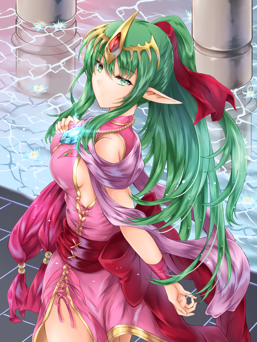 alternate_costume breasts cosplay crown dress expressionless female fire_emblem fire_emblem:_mystery_of_the_emblem fire_emblem_awakening fire_emblem_heroes green_eyes green_hair highres jewelry kei_(asufend) large_breasts looking_at_viewer necklace official_alternate_costume pink_dress pointy_ears ponytail red_sash sash sideboob sidelocks tiki_(adult)_(fated_divinity)_(fire_emblem) tiki_(adult)_(fire_emblem) tiki_(fire_emblem) tiki_(young)_(fire_emblem) tiki_(young)_(fire_emblem)_(cosplay) water