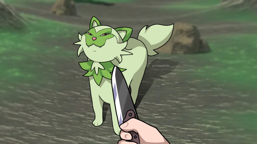 1other absurdres at_knifepoint english_commentary fangs feline grass highres holding holding_knife keith_montalbo knife knife_cat_(meme) meme outdoors pokemon pokemon_(creature) pov pov_hands shadow signature smile smug sprigatito