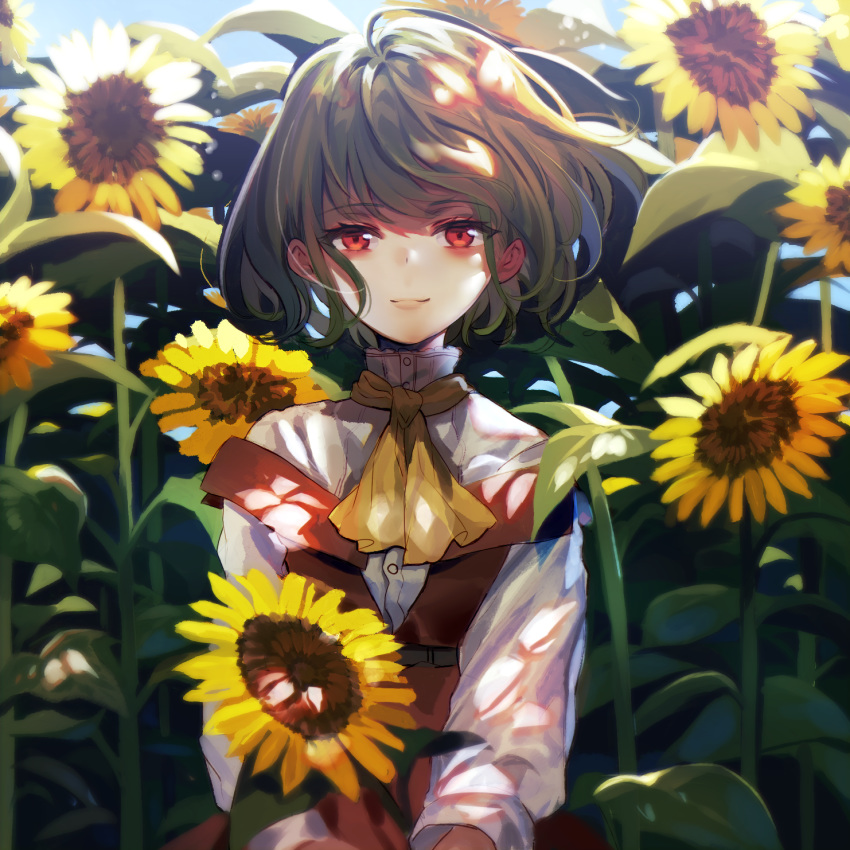 acetylene-lamp adapted_costume ascot backlighting belt blue_sky blurry blurry_background blush brown_belt closed_mouth commentary_request dappled_sunlight day dress female flower garden_of_the_sun green_hair hair_between_eyes highres holding holding_flower kazami_yuuka light_particles light_smile lips long_sleeves looking_at_viewer off-shoulder_dress off_shoulder red_dress red_eyes shirt sky solo sunflower sunlight touhou turtleneck wavy_hair white_shirt wind yellow_ascot yellow_flower