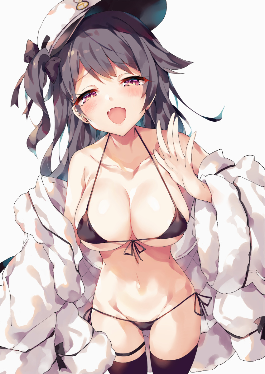 :d absurdres azur_lane bad_hands bare_shoulders bikini black_bikini black_hair black_thighhighs bow breasts cleavage collarbone commentary_request cowboy_shot fantia_reward female front-tie_bikini_top front-tie_top fur_trim groin hairbow half-closed_eyes halterneck hat highres jacket large_breasts long_hair looking_at_viewer micro_bikini navel oerba_yun_fang off_shoulder one_side_up open_clothes open_jacket open_mouth paid_reward pamiat_merkuria_(azur_lane) peaked_cap pink_eyes side-tie_bikini_bottom simple_background skindentation smile solo stomach string_bikini swimsuit thigh_strap thighhighs thighs unacchi_(nyusankin) white_background white_hat white_jacket