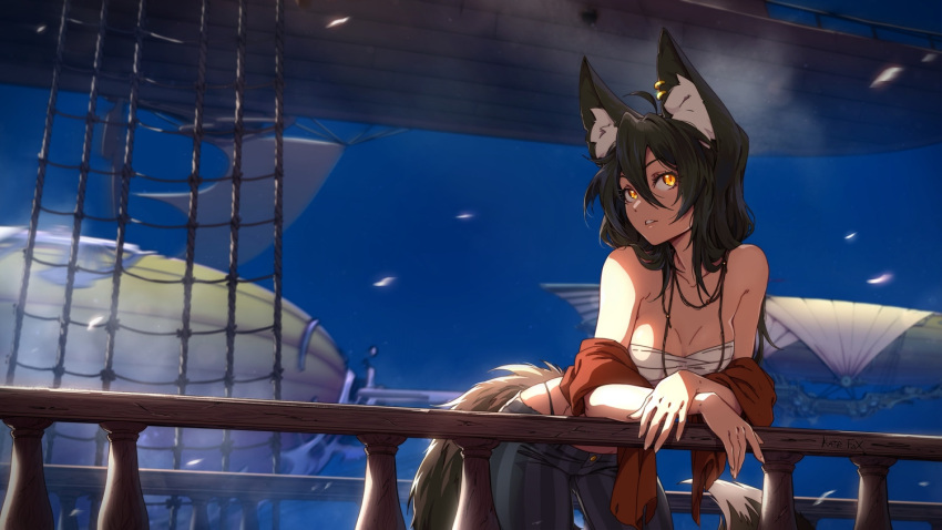 ahoge aircraft airship animal_ear_fluff animal_ears bare_shoulders blue_sky breasts cleavage collarbone commentary day ear_piercing english_commentary female hair_between_eyes kate-fox katrin_fox leaning_forward looking_at_viewer medium_breasts orange_eyes original outdoors pants parted_lips piercing railing sarashi sky solo striped_clothes striped_pants tail vertical-striped_clothes vertical-striped_pants