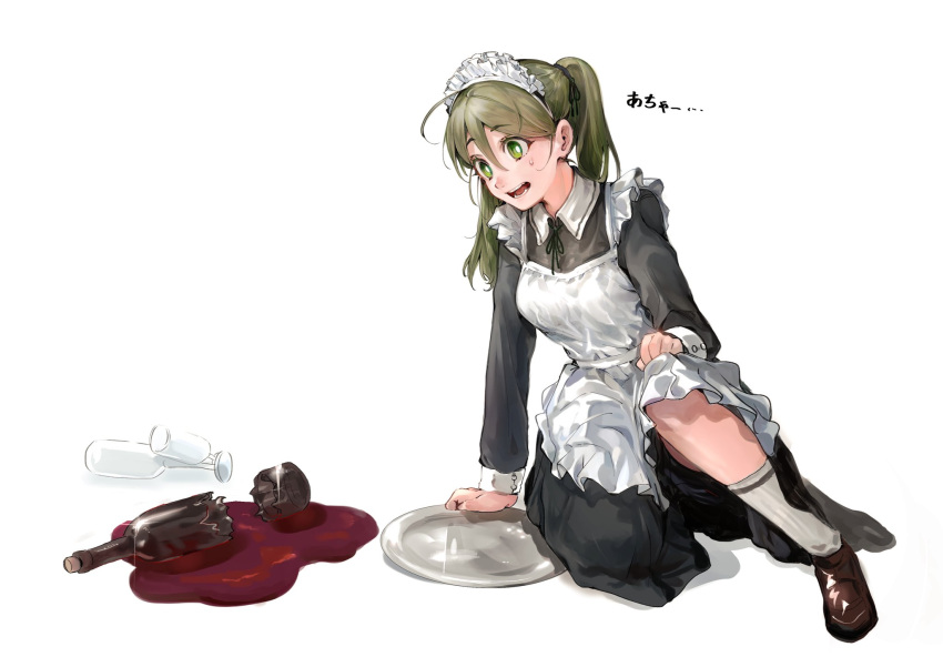 ahoge alcohol black_ribbon bottle broken broken_bottle brown_footwear cork cup drinking_glass female glass glint green_eyes green_hair hair_between_eyes highres long_hair maid maid_headdress maido_mido on_one_knee open_mouth original ribbon solo sweat sweatdrop teeth tongue tray twintails white_legwear wine wine_bottle wine_glass