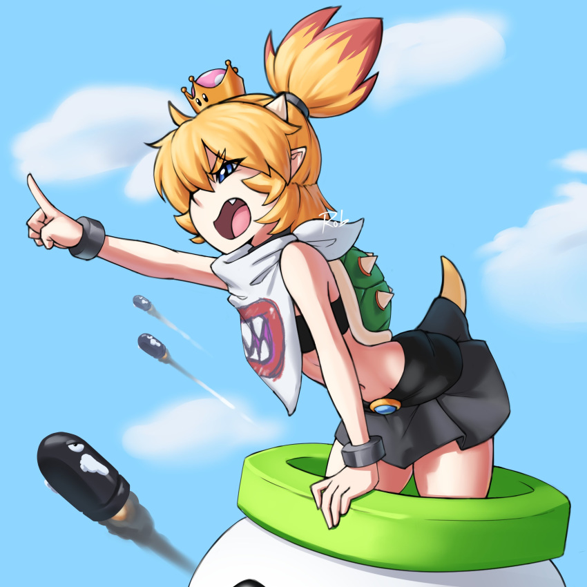 absurdres bandeau bare_arms bare_shoulders bent_over black_collar black_skirt blonde_hair blue_eyes bowsette_jr. bracelet brown_hair bullet_bill cloud collar commentary crown day english_commentary female high_ponytail highres horns index_finger_raised jewelry junior_clown_car mario_(series) medium_hair miniskirt navel oerba_yun_fang open_mouth pointing pointing_up pointy_ears ponytail rob_ishi rocket skirt solo spiked_bracelet spiked_collar spiked_shell spiked_tail spikes super_crown tail teeth turtle_shell