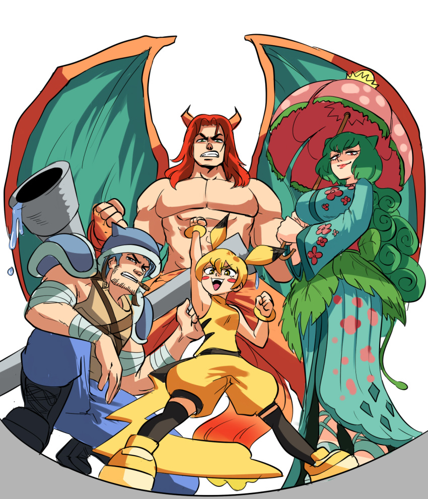 2boys 2girls abs animal_ears arm_rest arm_up armor armpits baggy_shorts bandaged_arm bandaged_wrist bandages blastoise blonde_hair blue_hair blush_stickers boots bracelet breastplate breasts charizard cigar clenched_hands clenched_teeth commentary curly_hair dragon_boy dragon_horns dragon_wings dripping english_commentary facial_hair fingerless_gloves fisheye from_below full_body gloves green_eyes half-closed_eyes hand_up height_difference helmet highres holding holding_umbrella horns japanese_clothes jewelry kimono kneehighs large_breasts leaf lipstick lolicon long_hair long_sleeves looking_at_viewer makeup mouth_hold multiple_boys multiple_girls muscular muscular_male no_nipples on_one_knee open_mouth outstretched_arm over_shoulder pants parasol pectorals personification pikachu pokemon pose red_eyes red_hair rocket_launcher shirt shoes short_hair shorts shoulder_armor sleeveless sleeveless_shirt smile socks spread_legs standing starter_pokemon_trio tail teeth tina_fate topless_male umbrella v-shaped_eyebrows venusaur very_long_hair water weapon weapon_on_back wide_sleeves wings yellow_eyes