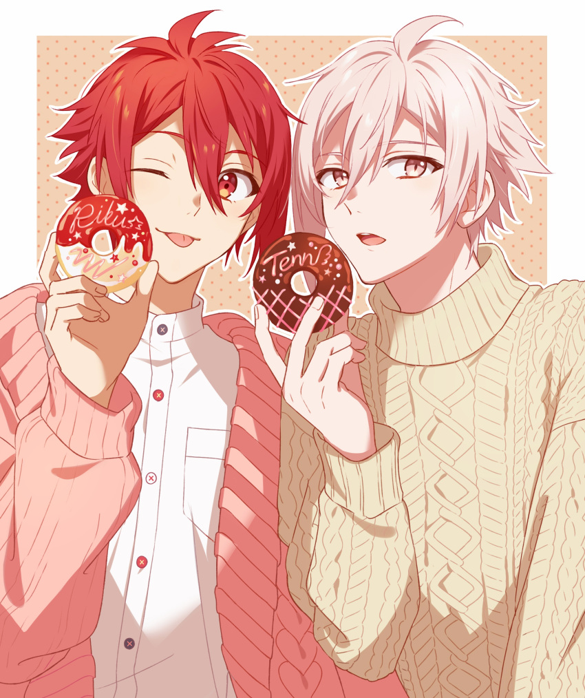 2boys ;p absurdres aran_sweater border buttons cable_knit cardigan character_name collared_shirt doughnut food highres holding holding_food idolish7 kujou_tenn long_sleeves looking_at_viewer male_focus multiple_boys nanase_riku one_eye_closed open_mouth outline pink_cardigan pink_eyes pink_hair polka_dot polka_dot_background red_eyes red_hair shirt short_hair sweater tongue tongue_out unapoppo upper_body white_border white_outline white_shirt